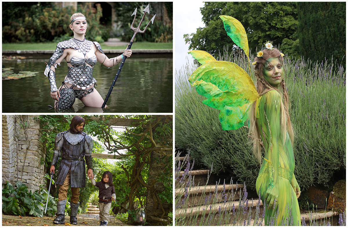A woman with a trident in a lake, a man and young child in medieval clothing, a body painted fairy